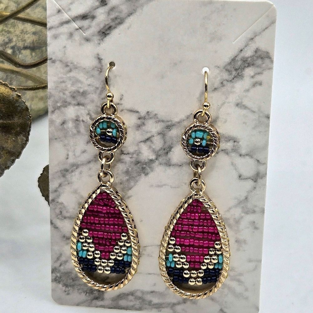 "5/$40" Pink/Turquoise Boho Seed Bead Goldtone Teardrop Dangle Earrings